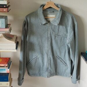 Vintage-Inspired Blue & White Striped Zip-Up Jacket – Minimalist Workwear Style